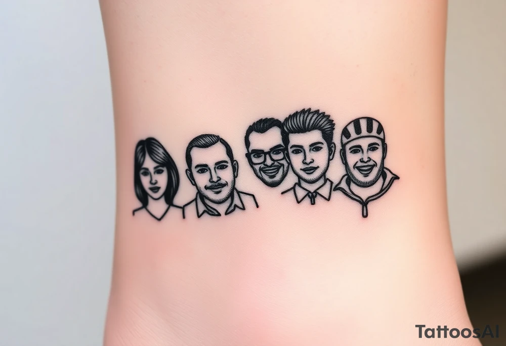 Is there a very simple small tattoo design  for a group of 4 friends from 4  different places Burgos , madrid , brasil , granada  that get reunited every 2 years and are always having banter and conversation about sex,feminism, conspiracy theories about covid , trump, reptilians. They met working at a restaurant in London. Their names are carmen , Mario, Andrea and Duanny tattoo idea