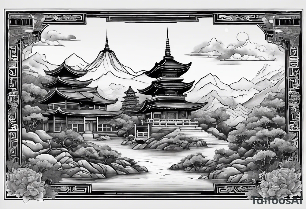 a old world map as the background with a small Buddhist temple at the bottom for the back of a forearm tattoo idea
