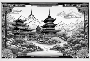 a old world map as the background with a small Buddhist temple at the bottom for the back of a forearm tattoo idea