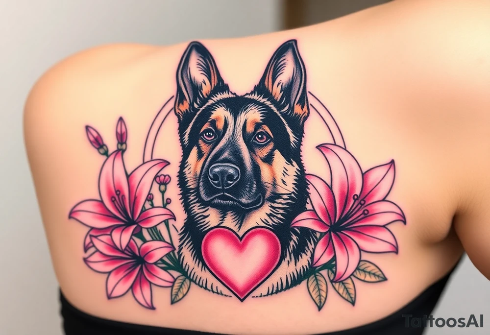 strong looking short haired german shepherd with alert ears surrounded by pink lilies with large leaves in front of a sacred heart tattoo idea