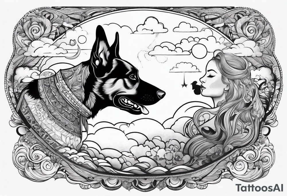 dog in the sky reaching hand of a woman and woman as her back facing us tattoo idea