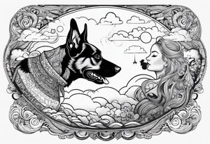 dog in the sky reaching hand of a woman and woman as her back facing us tattoo idea