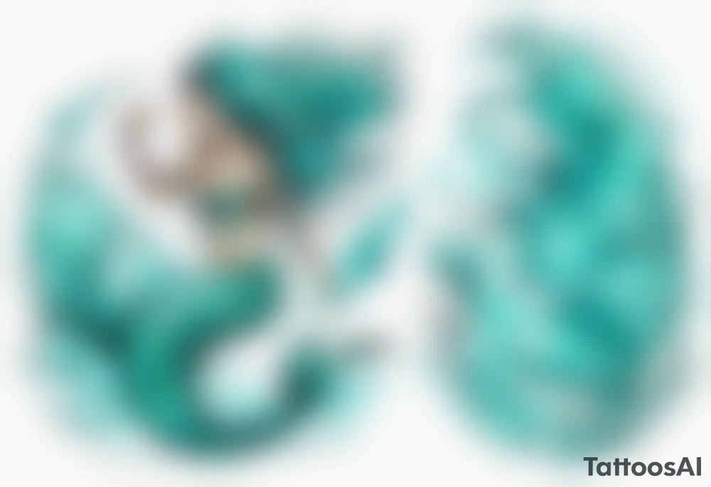 a turquoise mermaid swimming in the sea surrounded by crashing waves tattoo idea
