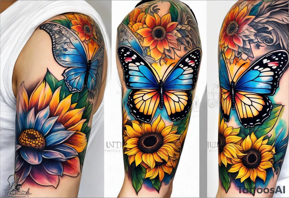 arm sleeve with winged cross, rainbow sunflowers and butterflies tattoo idea