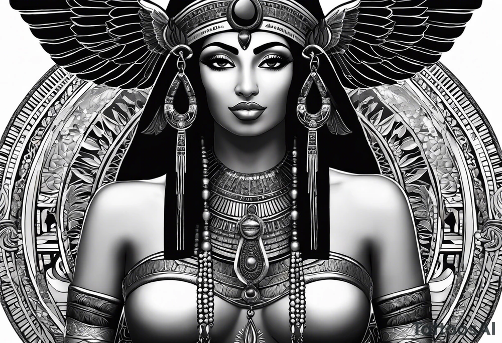 black and white Egyptian goddess Isis, who is often depicted as a woman with outstretched wings, holding an ankh (a symbol of life) in one hand and a lotus flower in the other. Her headdress often includes a throne or a solar disk. The tattoo design can vary in style and size, but it typically aims to capture the essence of this revered Egyptian deity, emphasizing her beauty, power, and maternal qualities. The choice of colors and additional elements can also be customized to create a unique and visually striking representation of the goddess Isis tattoo idea