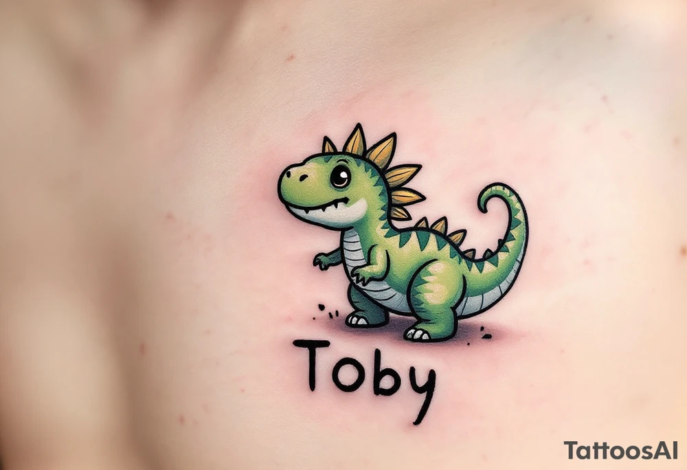 A tiny dinosaur in green and grey, with the son’s nickname Toby written in playful bold font beneath. tattoo idea
