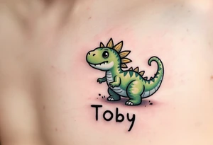 A tiny dinosaur in green and grey, with the son’s nickname Toby written in playful bold font beneath. tattoo idea