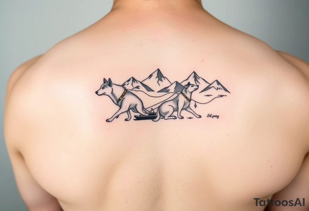 Sled dogs from a side view 
with sled and northern lights and mountains tattoo idea