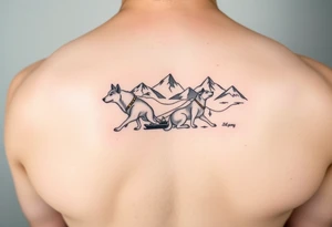 Sled dogs from a side view 
with sled and northern lights and mountains tattoo idea