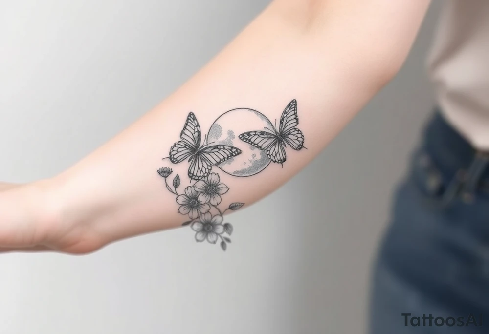 Butterflies flowers moon tattoo idea