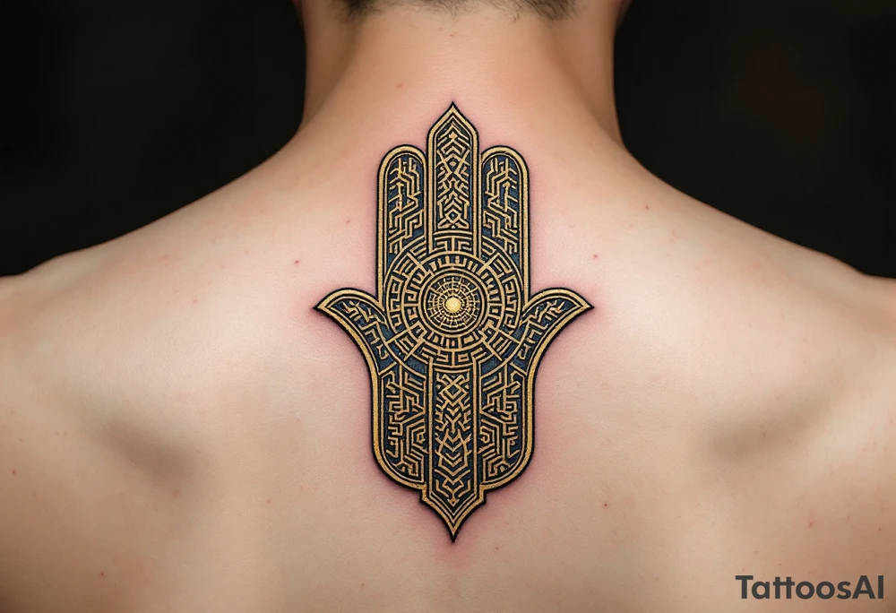 A golden Hamsa with a mesmerizing labyrinth pattern, symbolizing the journey to inner peace. tattoo idea