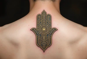 A golden Hamsa with a mesmerizing labyrinth pattern, symbolizing the journey to inner peace. tattoo idea