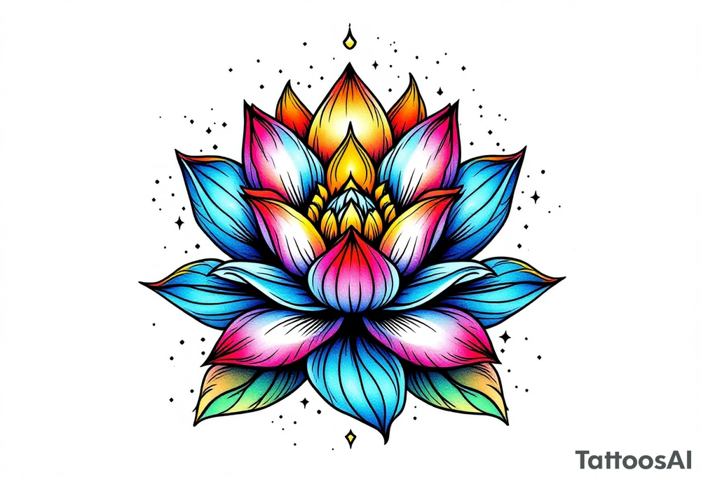 tiny colorful celestial with lotus flower tattoo idea