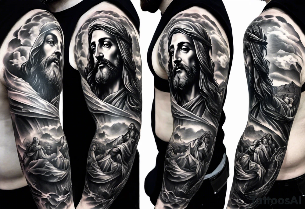 Catholic tattoo sleeve for a man. tattoo idea with Jesus on upper arm looking down tattoo idea