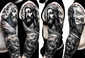 Catholic tattoo sleeve for a man. tattoo idea with Jesus on upper arm looking down tattoo idea