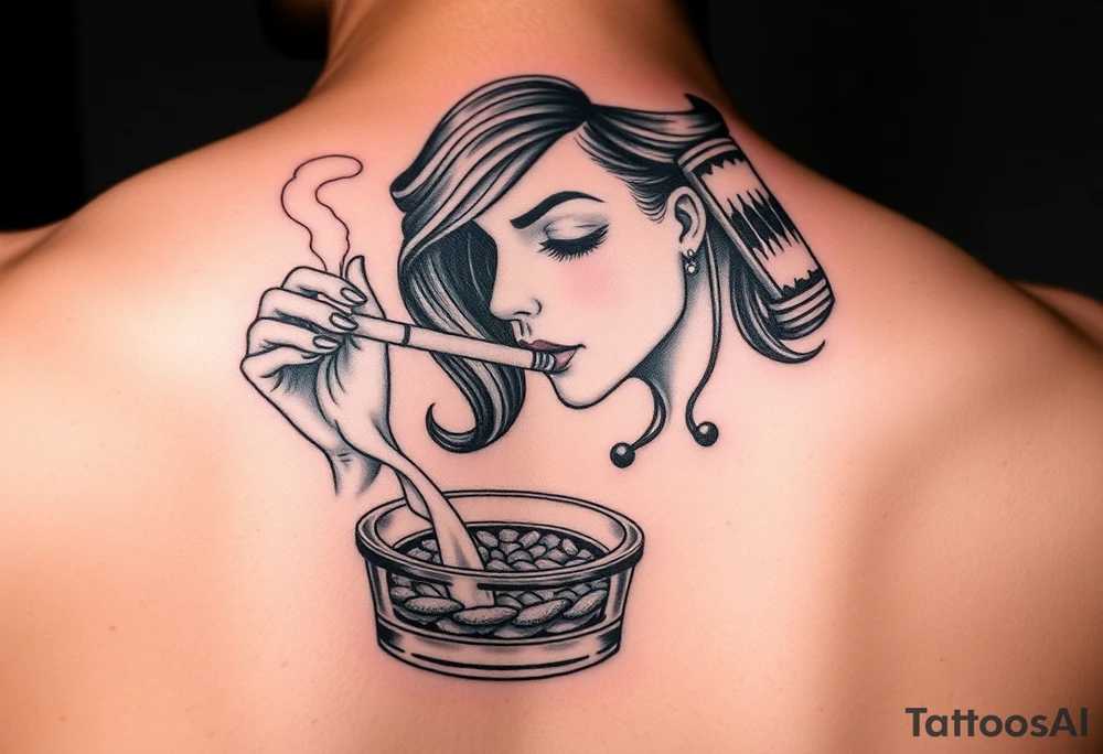 The Sunbeam bread girl smoking a cigarette ashing in a ashtray tattoo idea