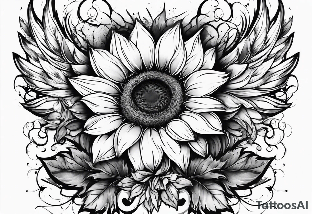 Sunflowers and angel wings leg sleeve tattoo idea
