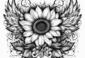 Sunflowers and angel wings leg sleeve tattoo idea