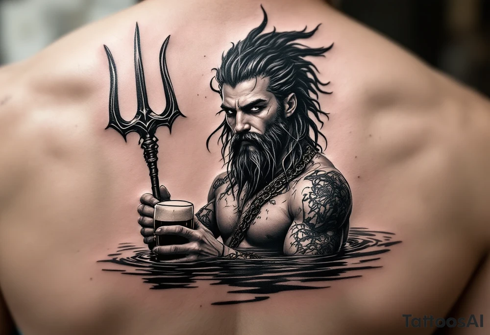 young, fit poseidon in calm water, holding a trident, holding a beer, wink tattoo idea