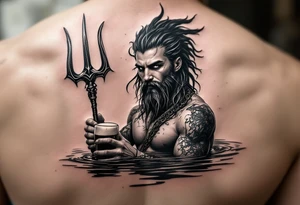 young, fit poseidon in calm water, holding a trident, holding a beer, wink tattoo idea