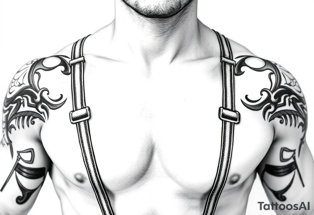 straps made of tribal designs around arms and shoulders tattoo idea