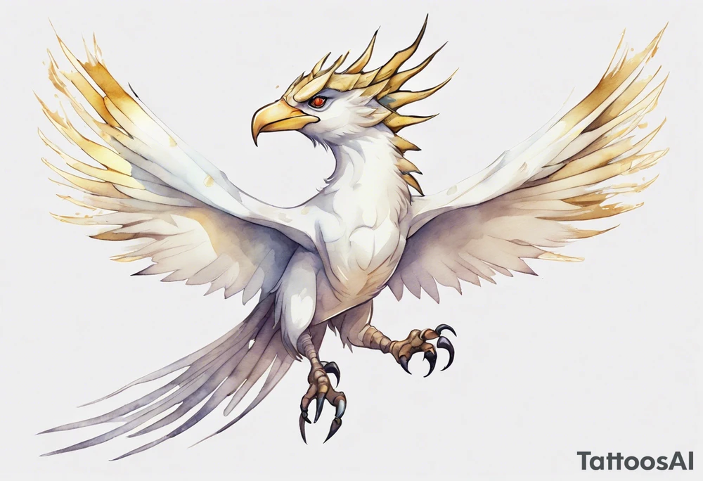 a watercolor of a white bird-wyvern hybrid wearing a plain crown, with light gold wing feathers tattoo idea