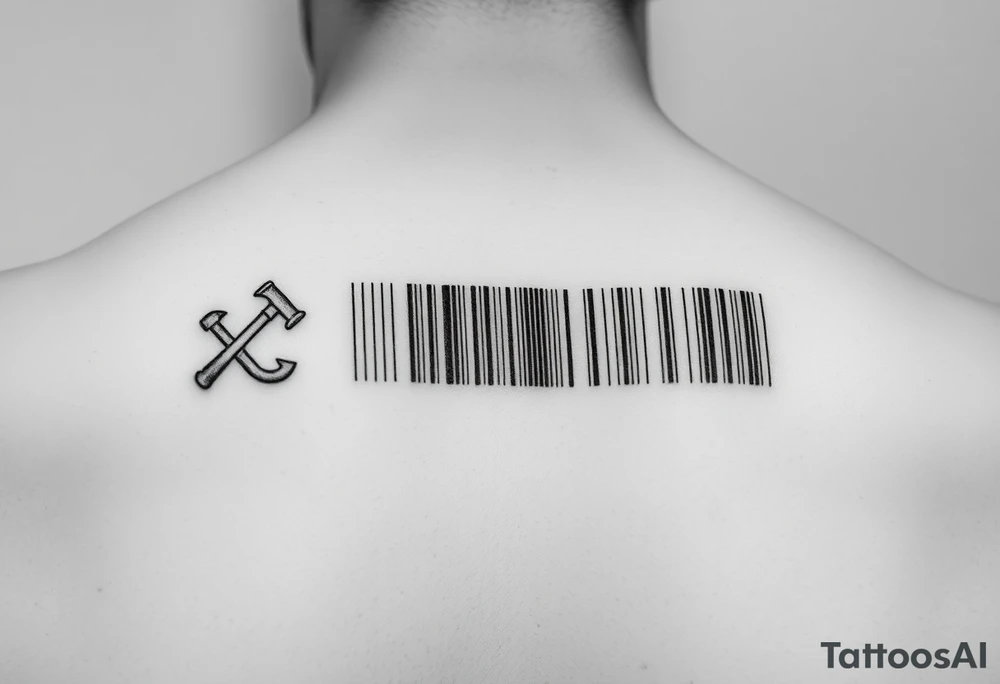 "Microrealism tattoo: barcode made of tiny hammers and sickles. Looks normal from afar, reveals details up close. 1cm height, forearm length." tattoo idea