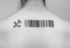 "Microrealism tattoo: barcode made of tiny hammers and sickles. Looks normal from afar, reveals details up close. 1cm height, forearm length." tattoo idea