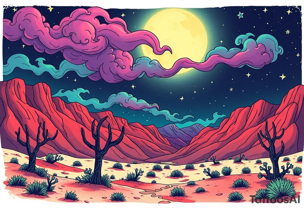 Tim Burton’s nevada new mexico desert  and dripping with muted reds, dusty pinks, and eerie green glow purple and cyan smokey clouds swirl and dance in the moonlit night sky filled with twinkling stars  tattoo idea tattoo idea