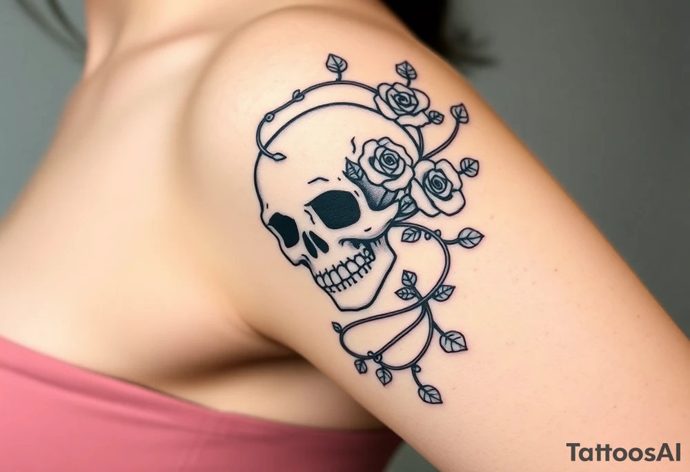 gothic skull intertwined with climbing roses and thorny vines tattoo idea
