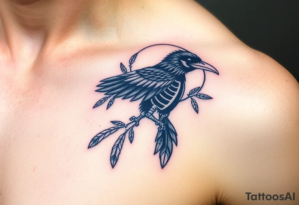 Raven skeleton with peackock feathers and ornaments around tattoo idea