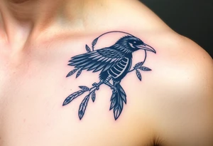 Raven skeleton with peackock feathers and ornaments around tattoo idea