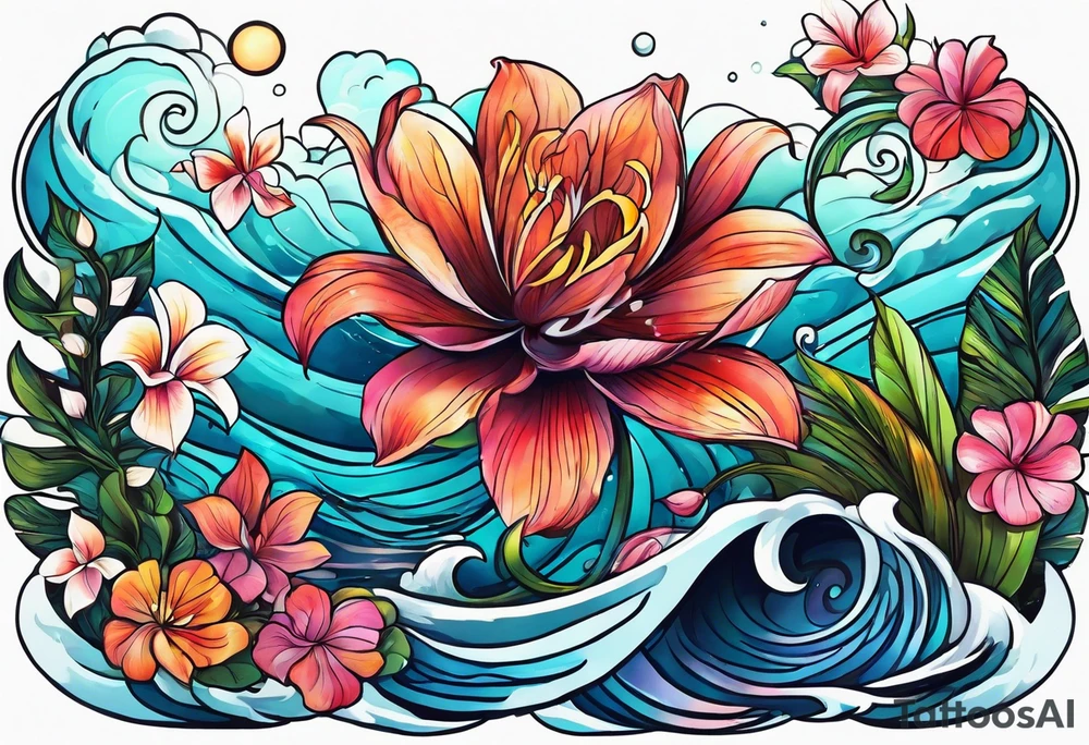 sea,, night, flower, palm, tattoo idea
