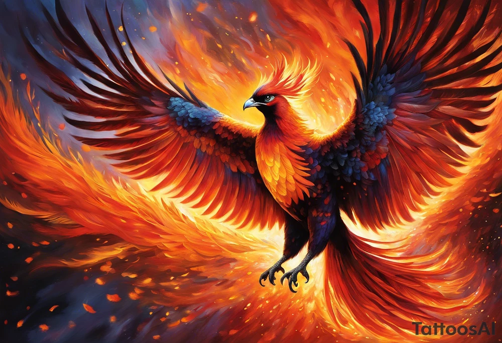 A magnificent phoenix ascends from a bed of glowing embers, its wings spread wide with fiery feathers that shift in hues of red, orange, and gold. The bird's body is sleek and shimmering, radiating an ethereal glow. Trails of sparkling ash and smoke swirl around it, blending into the dark sky, illuminated by the intense flames. Its eyes burn with an intense golden light, and its claws are sharp and glinting, gripping the remains of charred branches. The background is a dramatic interplay of dark clouds, glowing sparks, and a vibrant sunrise on the horizon, symbolizing rebirth and renewal. tattoo idea