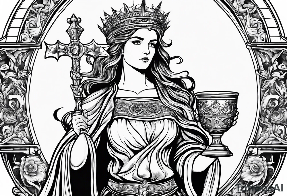 Saint Barbara holding a chalice with cannons and lightning tattoo idea