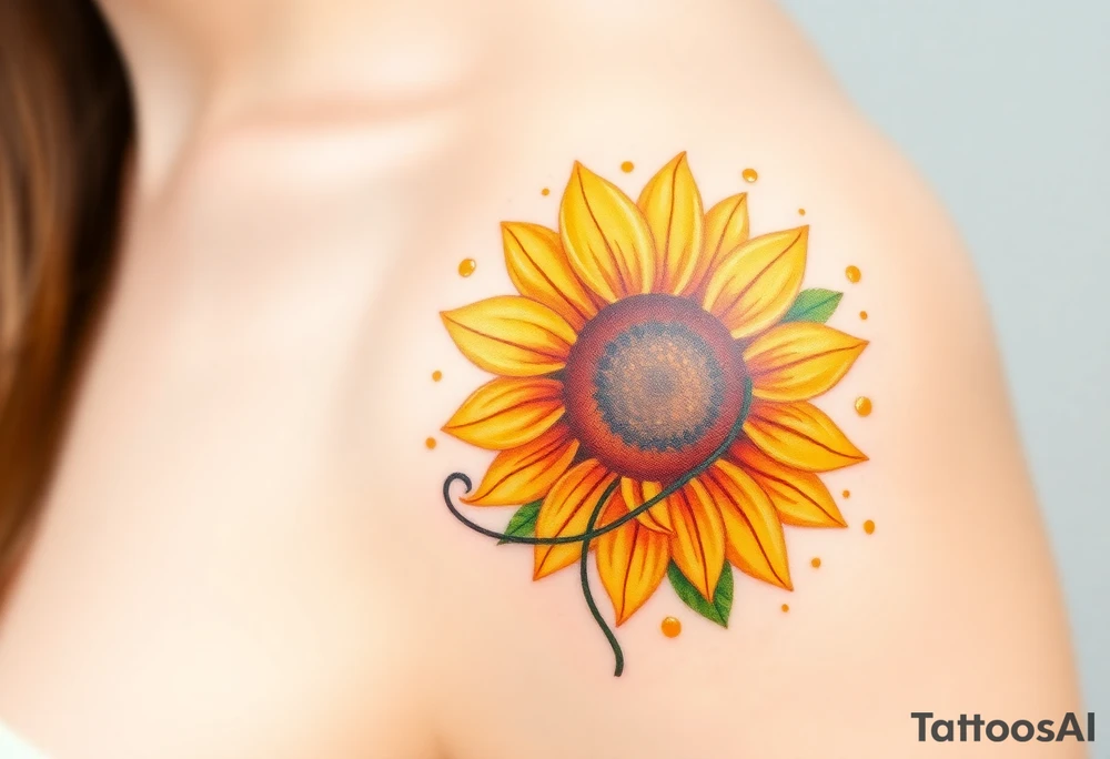 A beautifully detailed sunflower tattoo, with golden-yellow petals that transition into soft amber at the tips, symbolizing warmth, devotion, and unwavering affection. The rich brown center is intricately textured, capturing the natural depth of sunflower seeds. Surrounding the flower are delicate green leaves with subtle veins, adding a touch of realism. A thin, swirling vine wraps around the stem, seamlessly forming a heart shape, representing eternal love. Soft watercolor splashes in warm orange and honey tones radiate outward, giving the design a glowing, sun-kissed effect. tattoo idea