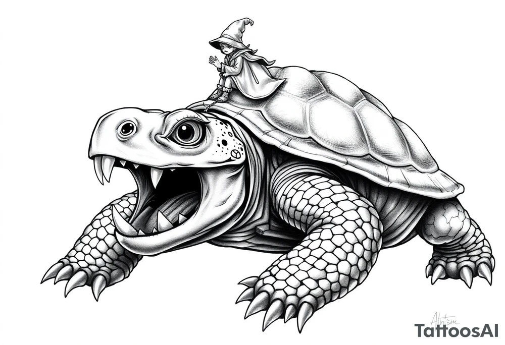 powerful majestic an angry turtle with huge teeth and a tiny hobbit like person riding on the back tattoo idea