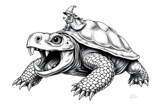 powerful majestic an angry turtle with huge teeth and a tiny hobbit like person riding on the back tattoo idea