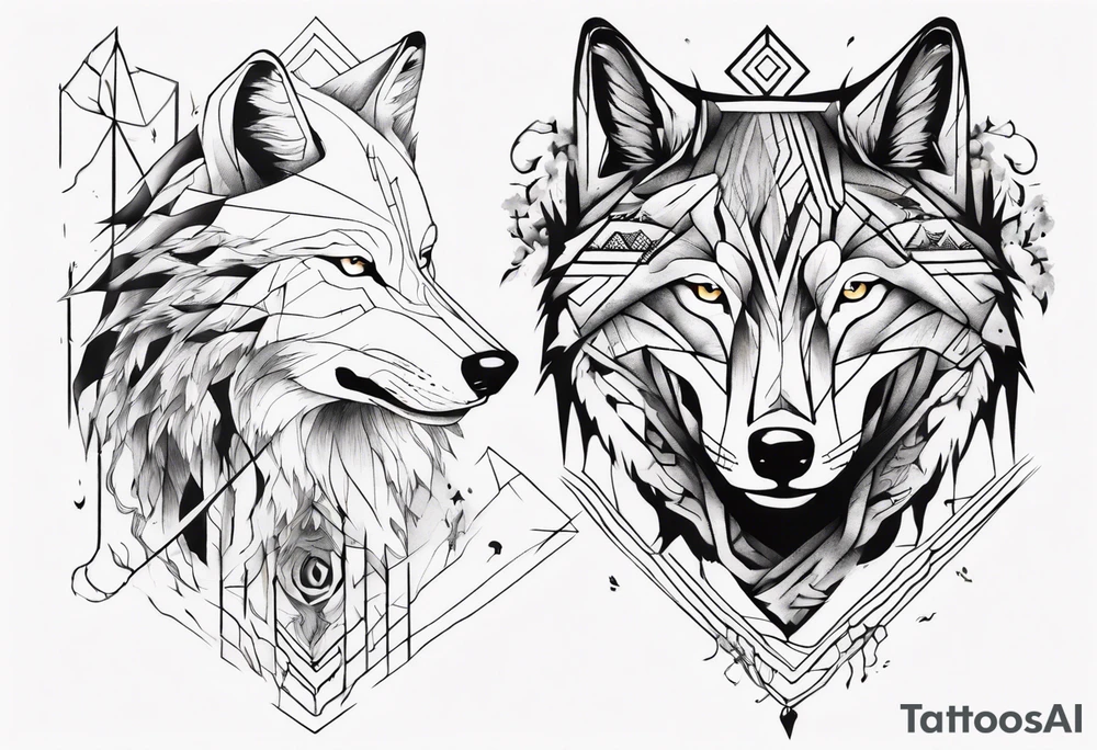 Wolf's face with geometric patterns flowing from it along with impressions of trees, a forest tattoo idea