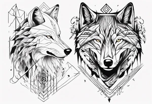 Wolf's face with geometric patterns flowing from it along with impressions of trees, a forest tattoo idea
