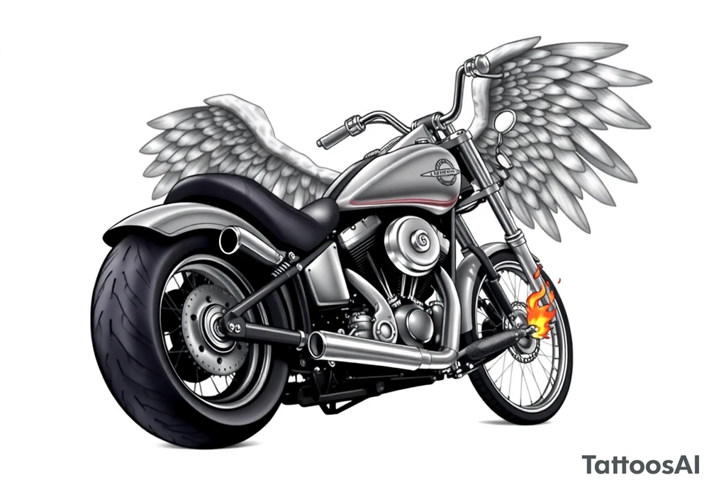 Low rider grey motorcycle, big muffler pipes with flames, angel wings, driving away, no person tattoo idea