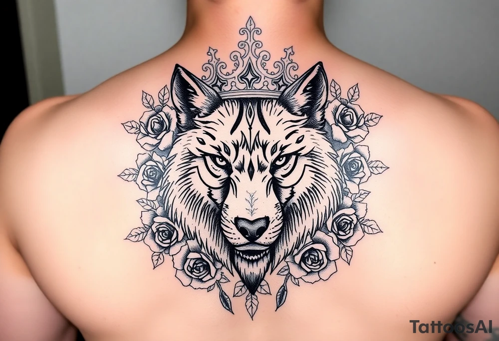Intense and majestic wolf with crown, surrounded by floral ornaments and roses tattoo idea