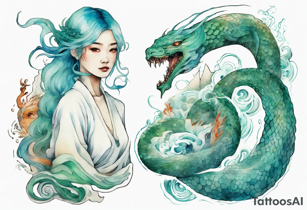 a sea serpent next to a woman with blue-green hair wearing a white tunic tattoo idea