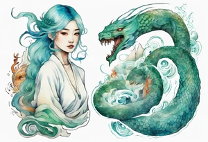 a sea serpent next to a woman with blue-green hair wearing a white tunic tattoo idea