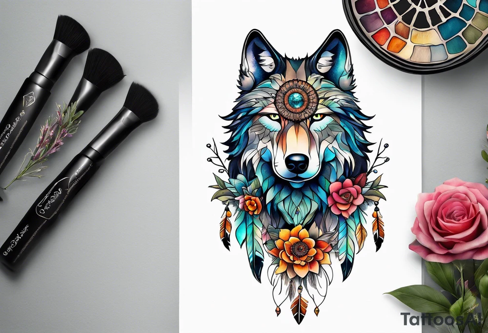 A whimsical wolf tattoo featuring mandala or dream catcher elements, with the wolf as the central focus, surrounded by mountains in the background. Include flowers and nature elements to fill the space around the wolf. tattoo idea