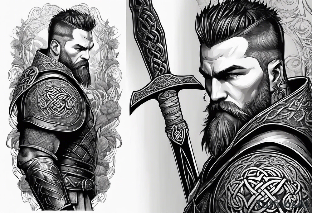 Full body side profile of
Celtic warrior with short hair, a sword in one hand and an axe in the other. tattoo idea