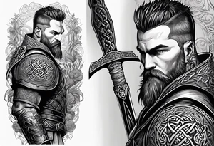 Full body side profile of
Celtic warrior with short hair, a sword in one hand and an axe in the other. tattoo idea