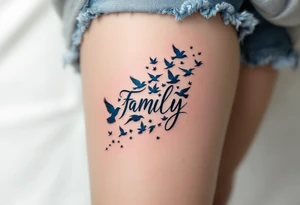 Family as a single word turning into a flock of birds in blue, black, and gray gradients. tattoo idea