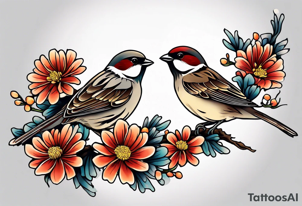 Sparrows and chrysanthemums tattoo idea