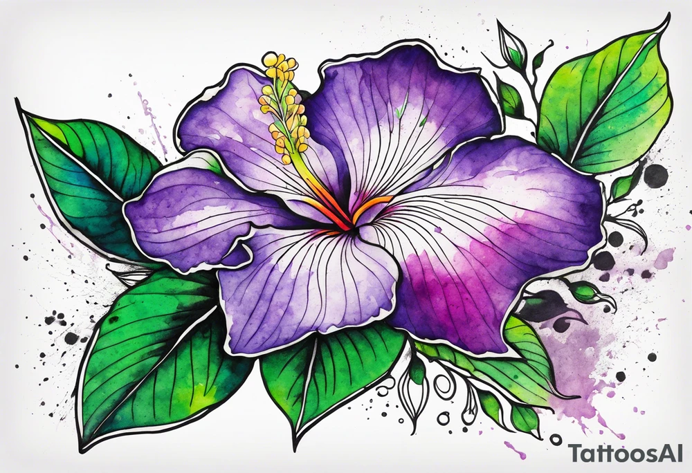 An outline of a rio dipladenia flower with a green and purple watercolor blotch splatter in the background tattoo idea